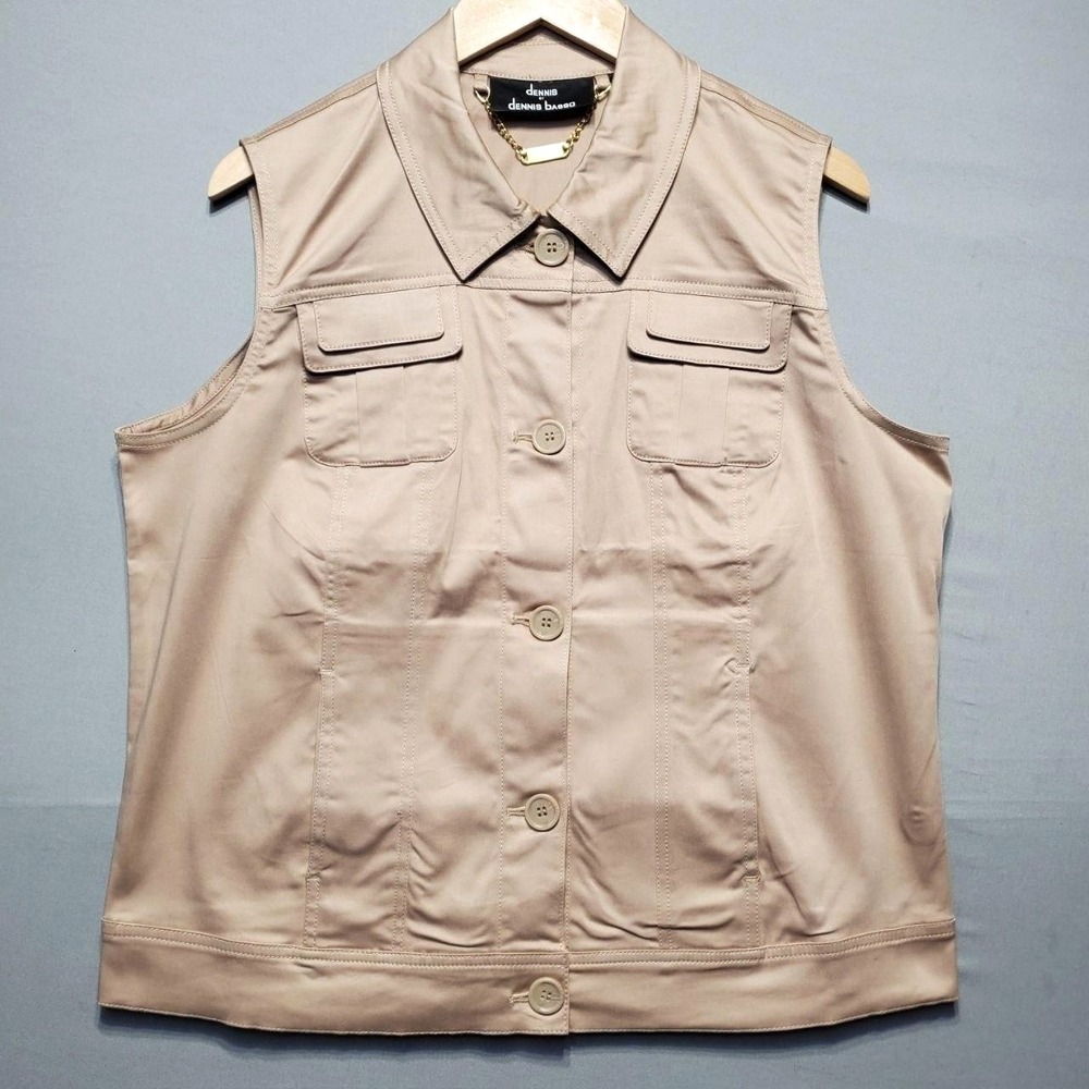 Dennis Basso Button Front Utility Safari Vest Women L Beige Old Money Minimalist